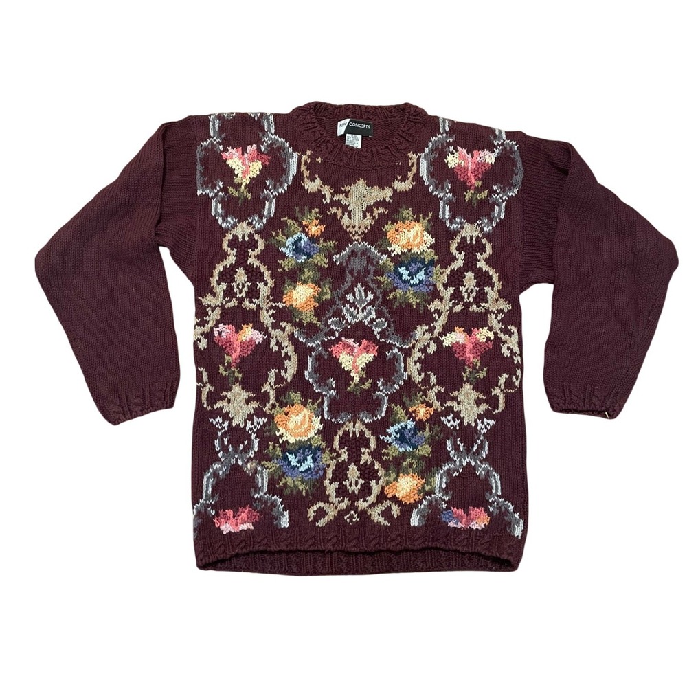 Vintage Style Floral Tapestry Knit Ramie Cotton Sweater Cottagecore Medium